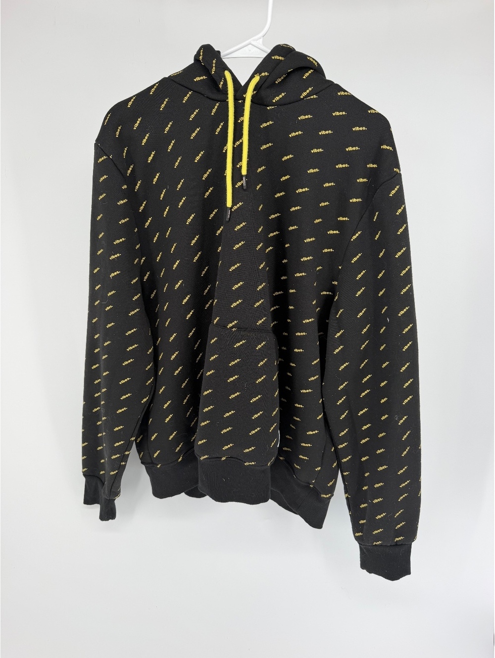 WESC Black Hoodie with Yellow 'Vibes' Print and Yellow Drawstrings
